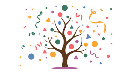 Festive Tree of Celebration: A whimsical depiction of a tree adorned with vibrant confetti and streamers, symbolizing joy, festivities, and the spirit of celebration.