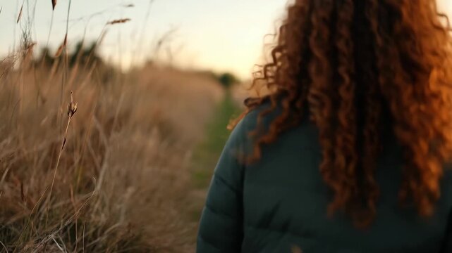 Close up of woman smiling while turning her head in golden hour light with soft grass in the background, Close up slow motion as woman turns her head with smile looking around nature and sunset