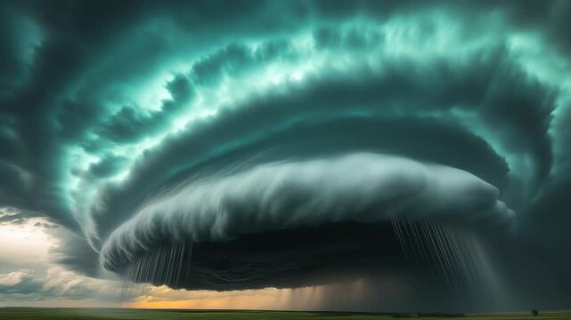 Dramatic storm clouds swirl ominously over a grassy landscape at dusk, Storm clouds