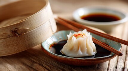 Freshly Steamed Dumpling Served in a Bamboo Basket with Soy Sauce and Chopsticks on a Wooden Table