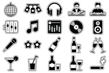 A collection of vector icons representing entertainment and nightlife elements, including music and drinks.