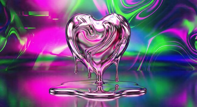 Melting chrome heart sculpture with dripping liquid metal against a vibrant, abstract background of neon pink and green fluid motion, symbolizing love and digital aesthetic - Powered by Adobe