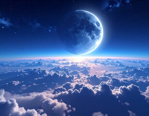 Vast panoramic view night sky, moon, clouds, space, and a bright horizon