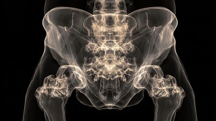 Human Pelvis and Spine X-ray Visualization Anatomical Structure Isolated on Black Background for Medical Educational Purposes and Health Illustrations