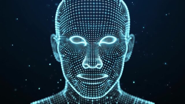 AI Wireframe Face Mesh Particle Formation Background