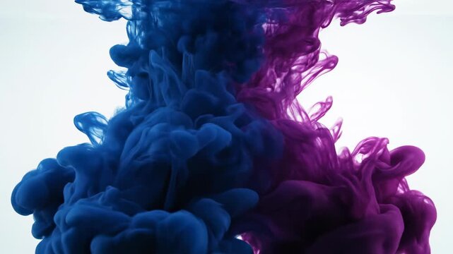 Stunning macro slow motion capture of vibrant blue and purple ink blending gracefully underwater creating an unseen organic pattern dynamics, smooth, background