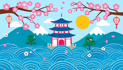 Fototapeta premium Japanese Pagoda with Cherry Blossoms and Mountain Landscape Illustration.