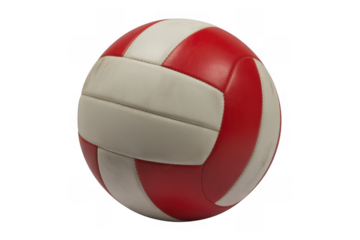 Red and white stitched leather volleyball with visible seams and texture isolated on a transparent background
