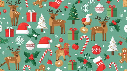 Delightful Seamless Pattern with Festive Christmas Reindeer, Gingerbread, and Ornaments on a Vibrant Green Background