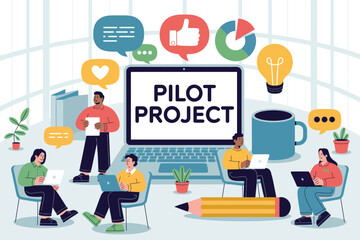 A team collaborates on a pilot project using technology and communication tools.