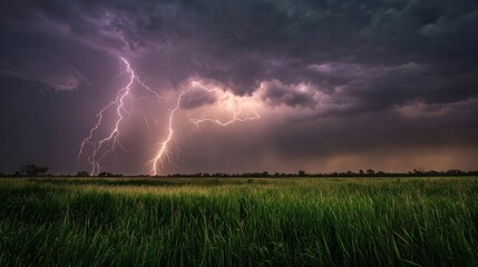 Spectacular Thunderstorm over Grassy Field: A majestic display of nature's raw power unfolds as lightning bolts illuminate a sprawling grassy field, with a dramatic, stormy sky overhead.