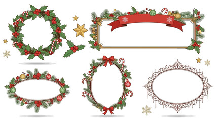 A festive collection of Christmas holiday wreaths and decorative frames. Vector illustration set with holly, pine, and ornaments