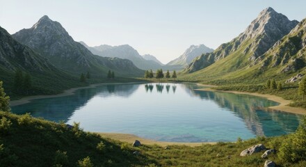 Fototapeta premium Serene mountain lake, tranquil scene. Lush green hills, clear water reflecting peaks