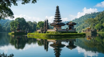 Obraz premium Serene temple complex on a tranquil lake, framed by lush greenery and mountains