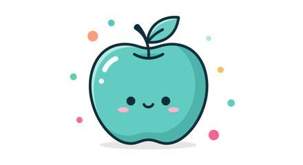 Cartoon green apple with smiling face and decorative colorful dots on white