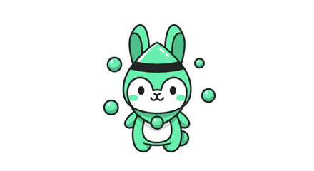Cartoon green bunny juggling spheres isolated on white background