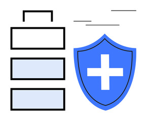 Obraz premium Battery icon symbolizing energy alongside a blue shield with a health cross representing safety and health. Ideal for energy, healthcare, security, reliability, innovation, wellness, and protection