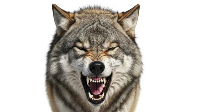 Close up of a wolf face with teeth bared and eyes narrowed against a white background looking angry