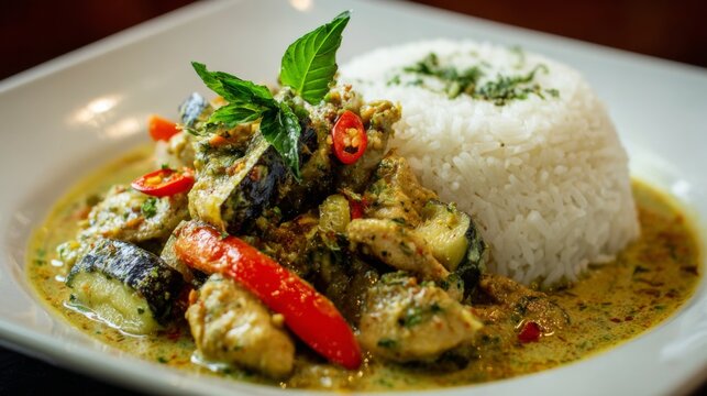 Delicious green curry chicken with vegetables served on a plate with fluffy white rice topped with mint and herbs, an inviting dish for food lovers