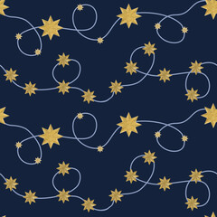 A seamless watercolor pattern of a garland of yellow stars on a dark navy background, creating a whimsical, glowing, and festive celestial design with soft, airy, and luminous charm.