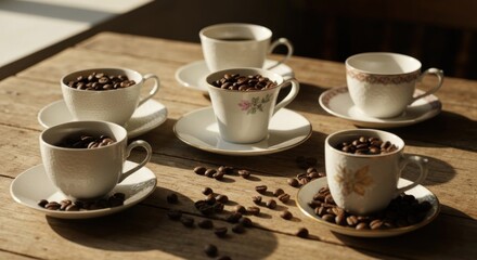 Fototapeta premium Six antique-style coffee cups filled with coffee beans, on a rustic wooden table, sunlight