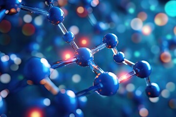 A vibrant and colorful molecular structure with a variety of shapes and sizes, including spheres, cylinders, and rods, arranged in a complex network that resembles a molecular model.
