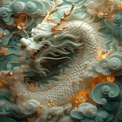 Dynamic dragon artistry in a serene atmosphere fantasy digital artwork ethereal close-up mythical imagery