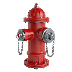 Red fire hydrant with silver caps and chains on black background isolated on a transparent background