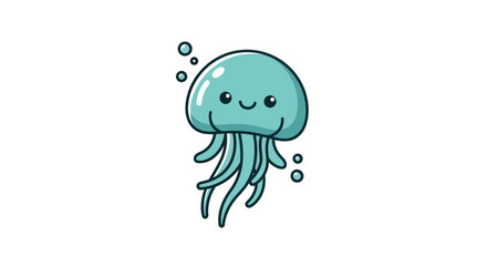 Cartoon jellyfish illustration smiling in light green with bubbles on white background