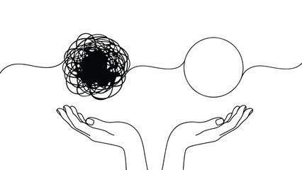Conceptual line art illustration showing a tangled messy scribble transforming into a clear, simple circle, held and supported by two open hands underneath