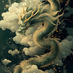 Majestic dragon soaring through clouds fantasy setting digital art ethereal environment dynamic perspective