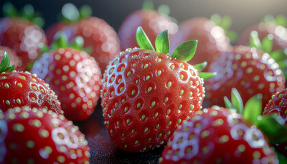 Close-up of ripe, red strawberries, showcasing texture and detail, arranged on a surface.