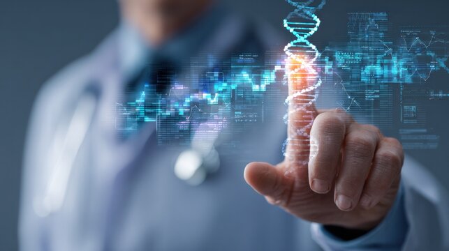 Medical Discovery and Innovation: A healthcare professional, with a modern approach, engages with a holographic DNA strand, representing advancements in healthcare. - Powered by Adobe