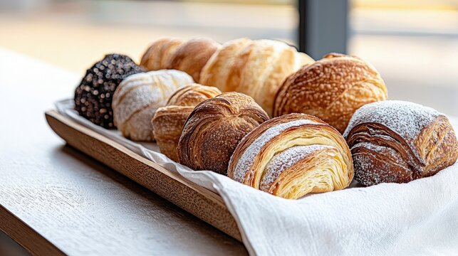 Close-up of a wooden tray filled with various types of freshly baked bread. The breads are arranged on a white cloth, with bright, natural lighting. - Powered by Adobe