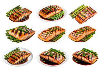 Grilled salmon steak with green asparagus and teriyaki sauce isolated on a white transparent background. Concept of healthy eating and gourmet cuisine