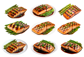 Grilled salmon steak with green asparagus and teriyaki sauce isolated on a white transparent background. Concept of healthy eating and gourmet cuisine