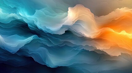 An abstract image featuring flowing waves of color, with a gradient of blue, orange, and white hues. The image evokes a sense of depth and movement.