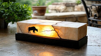 A decorative lamp with a bison silhouette is illuminated on a table outdoors. The lamp has a rectangular shape and a warm glow.