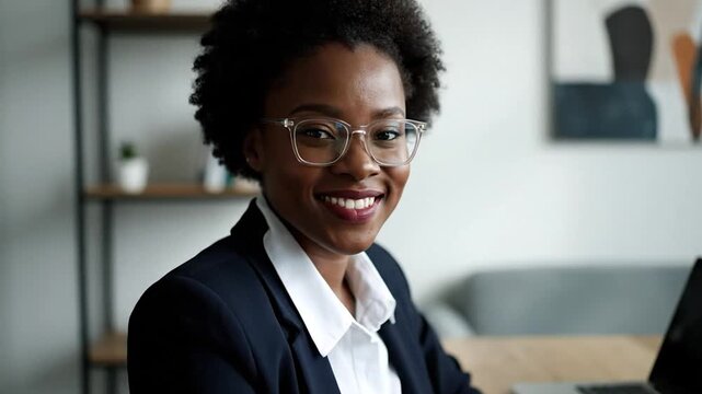 A smiling Black woman in glasses and a suit poses with a laptop in a well-lit office