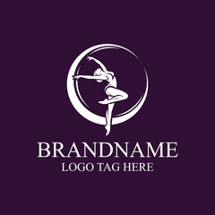 Silhouette of a dancer in a crescent moon with brandname logo on a dark purple background design