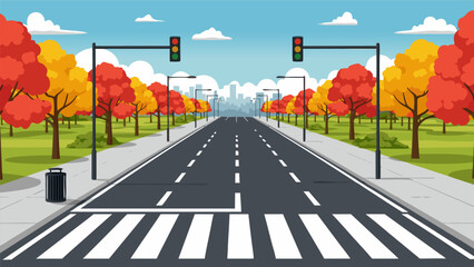 Illustration of a pedestrian crossing on a road with traffic lights and trees during the day, cityscape background