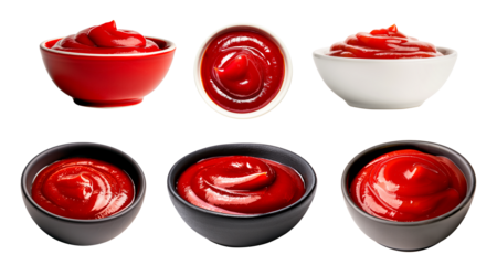 A black bowl filled with smooth, vibrant red ketchup isolated on white transparent background.