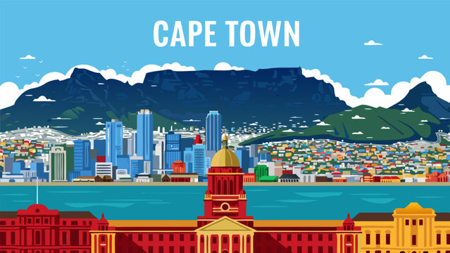A vibrant vector illustration of the famous Cape Town city skyline, showcasing the iconic Table Mountain and the picturesque waterfront harbor