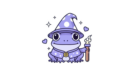 Cartoon frog wizard in a hat holding a torch isolated on white background