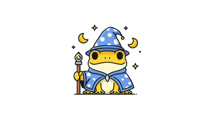 Cartoon frog wizard with magic staff and moon stars design illustration