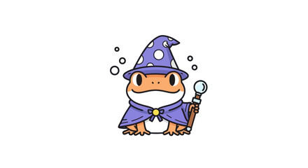 Cartoon frog wizard with magic staff and purple hat on white background