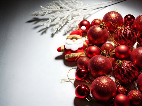 Holiday decor: santa figurine amidst glittery red baubles and white festive branch, symbolizing christmas cheer and celebration.