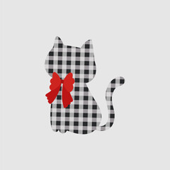 vector , illustration of  gingham  cat with red bow