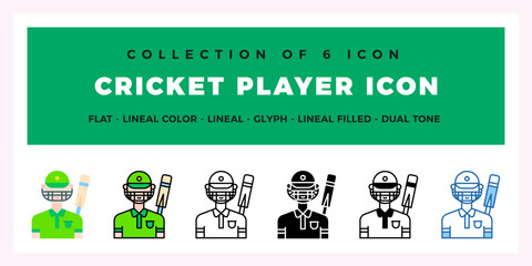 Cricket Player Icons. Collection of 6 Unique Line Art Designs