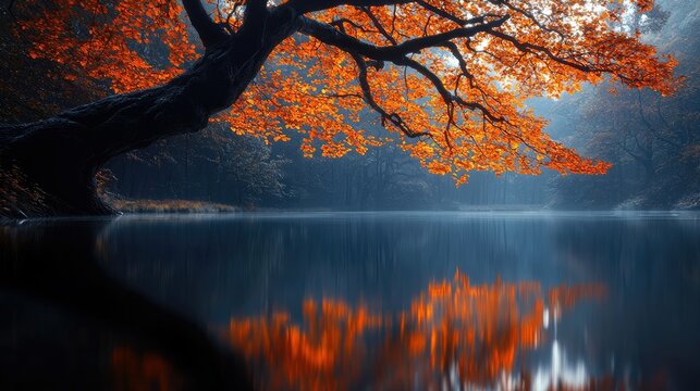 A large tree with vibrant orange leaves overhangs a calm lake, reflecting the foliage in a misty forest setting. The scene evokes a sense of tranquility and nat